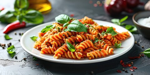 Poster - Pasta with red pepper pesto presented on a white dish and topped with fresh basil.