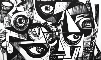 Abstract black and white artwork with eyes and geometric shapes.