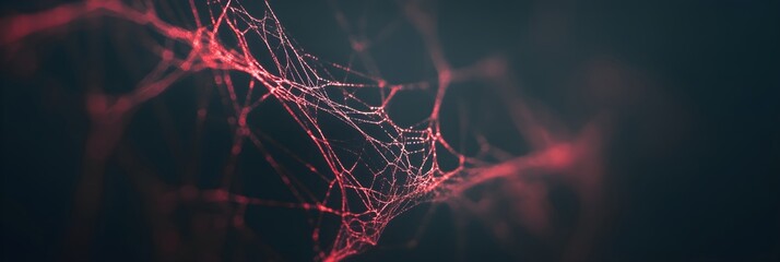 Creepy red spider web of wild spider shining in light on dark background. Scary cobweb for Halloween party. Closeup backdrop with copy space