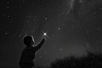 Aufkleber - A young boy holds up a shining star in the night sky
