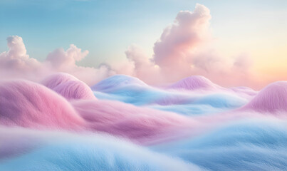 Sticker - Dreamy pastel landscape with fluffy clouds and soft hills.