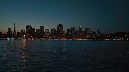 Poster - A city skyline visible from a large body of water, suitable for travel or urban planning use