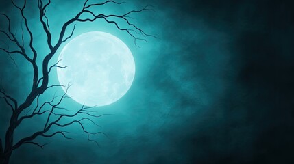 Eerie night scene with a large moon illuminating a dark sky and silhouetted branches, perfect for spooky themes and atmospheric art.