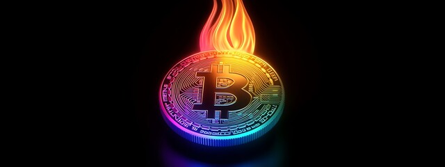 Aufkleber - Flaming Bitcoin Cryptocurrency Coin on a Black Background