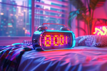 Aufkleber - An alarm clock sits on top of a bed, ready to wake you up