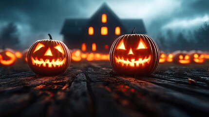 Two glowing jack-o'-lanterns sit on a wooden path, illuminated against a foggy night backdrop featuring a haunted house.