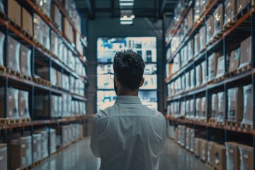 Poster - A person looking at stacked items on warehouse shelves