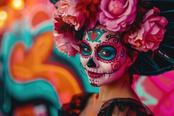 Aufkleber - A woman dressed for Dia de los Muertos celebrations, with colorful sugar skull makeup and flowers in her hair