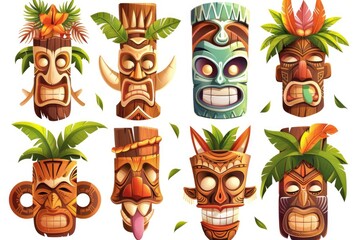 Poster - Exotic tropical island scene with cartoon tiki heads and palm trees