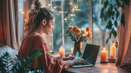 Poster - Woman sitting in front of laptop with a serious expression