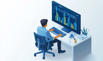 A man is sitting at a desk with a computer monitor in front of him