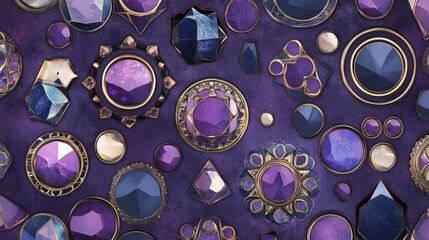 Sticker - Shimmering Gemstone Elegance: 3D Whimsical Patterns with Metallic Accents on Rich Purple Background