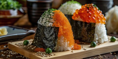 Wall Mural - Rice Balls with Fish Roe and Seaweed on a Wooden Table in a Dining Establishment