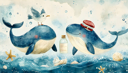 Watercolor illustration of two whales swimming in the ocean with a seagull.