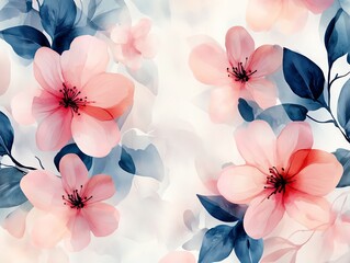 Watercolor floral pattern with pink flowers and blue leaves on a white background.