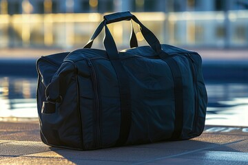 Wall Mural - A black duffel bag sitting on the grass next to a swimming pool, ready for use