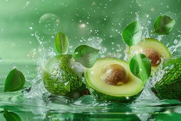 Poster - A ripe avocado falling into a body of water, creating ripples and waves