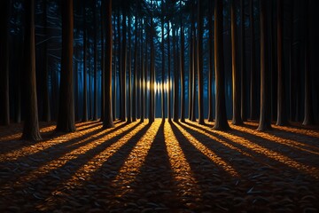 Poster - Hunting Forest at dawn, illustrated with the first light of day casting long shadows through the trees, creating a mix of light and dark in the quiet woods
