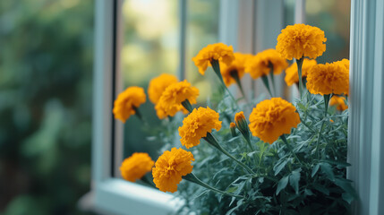 Wall Mural - Yellow marigold flowers in full bloom outside a minimalist window, Ai generated Images