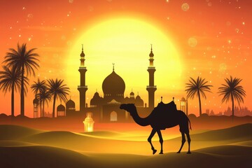 islamic ramadan background, eid al fitri, iftar, eid al adha, beautiful mosque and lantern background. camel in the middle of the desert with mosque with generative ai