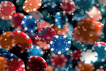 Poster - A pile of poker chips falling from the table into the air