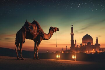 islamic ramadan background, eid al fitri, iftar, eid al adha, beautiful mosque and lantern background. camel in the middle of the desert with mosque with generative ai