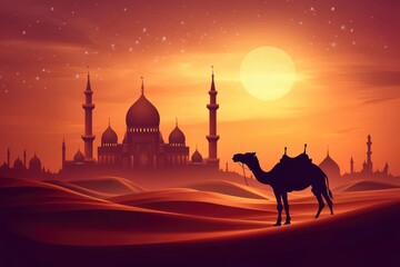 islamic ramadan background, eid al fitri, iftar, eid al adha, beautiful mosque and lantern background. camel in the middle of the desert with mosque with generative ai