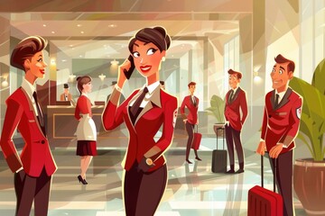 Aufkleber - A woman in a bright red suit talks on her cell phone, looking engaged