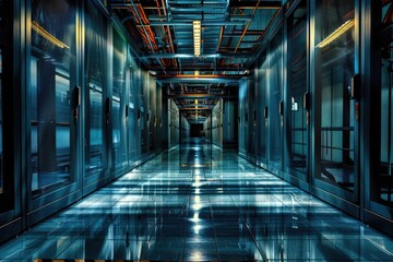 Poster - A modern hallway with glass doors and a tiled floor, suitable for use in corporate or office settings