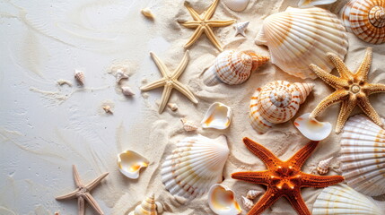 Canvas Print - many shells and starfish on white sand with beautiful ocean background