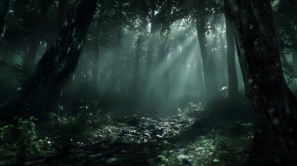Wall Mural - a dark forest with deep shadows and hidden creatures creating unease