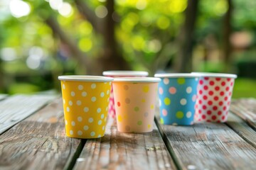 Poster - A collection of vibrant cups arranged on a rustic wooden surface, perfect for capturing attention or showcasing a playful atmosphere