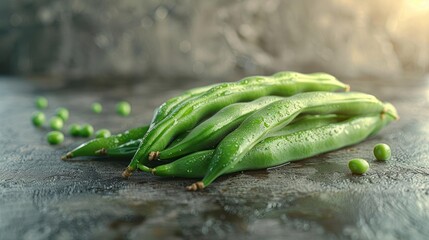 Fresh, green peas on a textured surface.