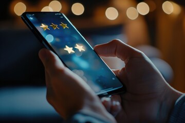 Poster - A person holding a cell phone with a unique star-shaped design, suitable for use in tech-related contexts or as a symbol of celestial inspiration