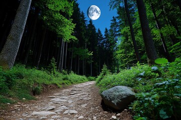 Poster - Hunting Forest under a full moon, captured in a photo where the silver light creates eerie shadows and highlights the contours of the landscape