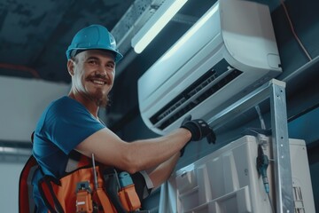Poster - A person in a hard hat is repairing an air conditioning unit