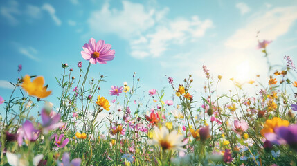 A refreshing spring background featuring a meadow of wildflowers in full bloom, with a gentle breeze swaying the colorful petals under a bright, clear sky --ar 16:9 --q 2