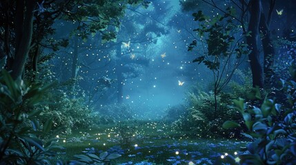 Aufkleber - A dense forest with many trees and fireflies lighting up the area