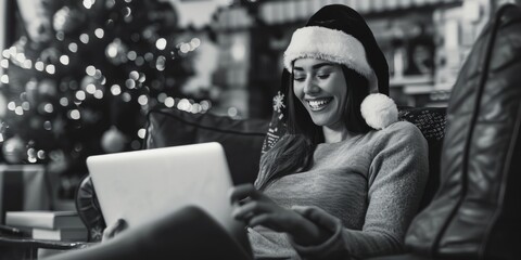 Poster - Woman typing on laptop while wearing festive Santa hat, great for holiday marketing or Christmas theme