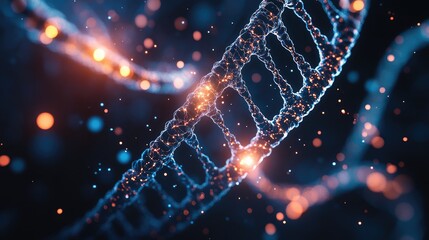 Poster - Abstract representation of DNA molecules with glowing connections, set against a dark, tech-inspired background, representing molecular biology.