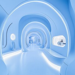 Poster - A white blue space with rounded shapes, featuring LED lighting and futuristic elements