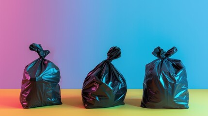 Poster - Three plastic bags filled with trash sitting on a table, potentially for recycling or disposal