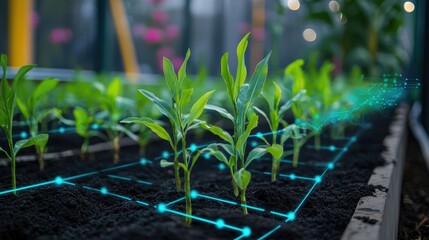 Corn seedlings planted in a precision farming setup, accompanied by an infographic showcasing smart agriculture 4.0 innovations.