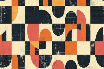 Poster - A geometric design featuring alternating black and white squares with orange and black circles