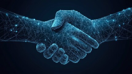 Wall Mural - Low poly wireframe Handshake of business partners. Concept of Deal, Partnership, Teamwork, Connection. Vector illustration with generative ai