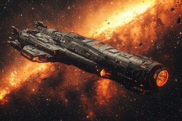 Futuristic sci fi spaceship in epic battle scene with explosions