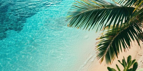 Sticker - Tranquil Tropical Beach with Palm Tree Leaves Turquoise Water and Endless Sea View