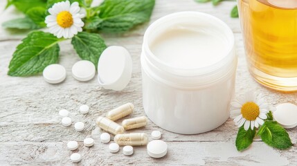 Wall Mural - Natural Herbal Supplements with Cream and Tea on Wooden Table