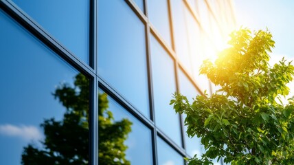 Poster - A tree is growing in front of a building with large windows