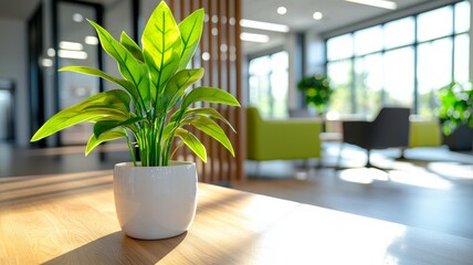 Wall Mural - A potted plant sits on a wooden table in a bright, sunny room